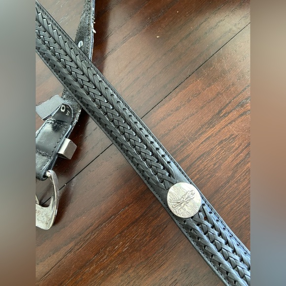 BRIGHTON Black leather LOGAN Onyx belt w/Silver Medallions Golf Scenes Mens 42 - Picture 11 of 11